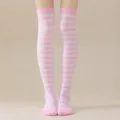 Calcetines altos a rayas para mujer, ideales para cosplay, fiestas y uso diario. - Rayas Anchas Rosa y Blanco