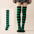 Calcetines altos de rayas negras y verdes para mujer fiesta de Halloween y cosplay. - Verde Negro Rayas Anchas