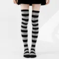 Calcetines altos de rayas negro y gris mujer cosplay fiesta medias largas moda - Rayas Finas Negras y Gris Claro