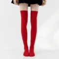 Calcetas largas lisas de color sólido para mujer, calcetería de algodón suave para fiesta diaria. - Calcetines Largos Rojo Brillante