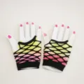Gradient fishnet fingerless gloves detail, short mesh stage performance costume accessory. - Rose Red-Yellow Gradient Double Layer Fishnet Gloves