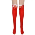 Detailed view of red Christmas over-the-knee thigh high socks with white fluffy feather and bow decor. - One Size / Christmas Sock