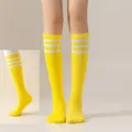 Women yellow knee high socks with three white stripes cute JK uniform party athletic tube socks - One Size / Yellow with White Stripes Calf Socks