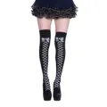 Black over-the-knee socks with white lace-up ribbon and bow print for cosplay parties. - One Size / Bow Tie-up