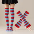 Conjunto de calcetines altos y guantes sin dedos de rayas rojas y azules para fiestas. - Talla única / Extragrande Rojo y Azul Rey Claro Calcetines Rayados y Mangas Conjunto