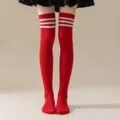Red over-the-knee socks with three white stripes, Japanese JK style college long stockings. - One Size / Red with White Stripes