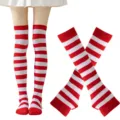 Calcetines altos a rayas rojas y blancas para mujer, ideales para fiestas de Navidad y Halloween. - Talla única / Rojo y Blanco Calcetines Encima de la Rodilla y Mangas Conjunto