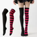 Mujeres bloque de color calcetines por encima de la rodilla rayas medias largas fiesta - Rayado Rojo Rosa Negro y Negro