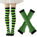 Conjunto de calcetines altos y guantes a rayas negras y verdes para la fiesta de Halloween. - Talla única / Negro y Verde Neón Calcetines Encima de la Rodilla y Mangas Finas Conjunto