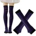 Calcetines altos de rayas negras y moradas variante de mujer para fiesta, estilo Halloween. - Talla única / Negro y Morado Calcetines Rayados Finos y Mangas Conjunto