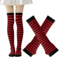 Conjunto de calcetines altos y guantes a rayas rojas y negras para disfraz de Halloween. - Talla única / Rojo y Negro Calcetines Rayados Finos y Mangas Conjunto