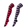 Calcetines altos de rayas variante colorida medias de muslo para fiesta Halloween. - Rayado Rojo Negro y Rayado Púrpura Claro Negro