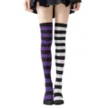 Calcetines altos de rayas colorblock, medias asimétricas para fiesta de Halloween. - Rayado Negro Blanco y Rayado Púrpura Claro