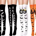 Halloween over-the-knee socks featuring cute bat and skull prints for party costumes. - One Size / Four Pairs Set 2