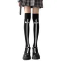 Goth high socks with white cross print, long over-the-knee stockings for alternative fashion. - One Size / Black Large Cross