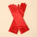 Kids red satin long gloves with elegant bows and faux gem decor, perfect for party dress up. - One Size / Red Bow Gloves