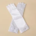 Children white satin long gloves with bow and crystal for party performance, elegant design. - One Size / White Bow Gloves