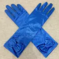 Blue satin long gloves with elegant bows and glittering rhinestones, perfect for kids. - One Size / Blue Bow Gloves