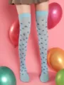 Heart print over-the-knee socks detail view, blue stockings with cute heart patterns for date. - One Size / Blue Stockings with Hearts