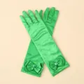 Green satin long princess gloves with decorative bow and gem for kids party performance dress. - One Size / Green Bow Gloves