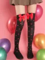 Sweet heart print over-the-knee socks with red bows for party, cute black stockings style. - One Size / Black Stockings with Small Hearts and Bow