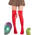 Red over-the-knee stockings with cute white hearts and red bows, perfect for costume party. - One Size / Red Heart Print Stockings With Red Bow