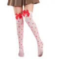 Sweet white over-the-knee stockings featuring red hearts and elegant red bowknot decorations. - One Size / White Heart Print Stockings With Red Bow