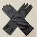 Black satin long gloves with bow and crystal for evening party performance costumes variant. - One Size / Black Bow Gloves
