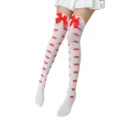 Women white over-the-knee stockings with red lip prints and cute bows for costume party. - One Size / White Red Lip Print Stockings With Red Bow