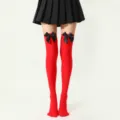 Red thigh high stockings with elegant black bows and pleated mini skirt party wear - One Size / Red Stockings With Black Bow