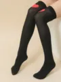 Black Over-The-Knee Long Socks with Red Heart Print for Valentine's Date Party Wear - One Size / Black Stockings with Large Red Heart