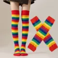 Chaussettes hautes rayées arc-en-ciel en coton, bas longs colorés pour cosplay et spectacles. - Taille unique / Ensemble Chaussettes Et Manches Arc-En-Ciel Bord Rouge Style Deux