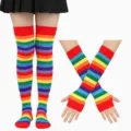 Ensemble de chaussettes hautes et mitaines rayées arc-en-ciel, idéal pour le cosplay et scène. - Taille unique / Ensemble Chaussettes Et Manches Arc-En-Ciel Bord Rouge Style Un