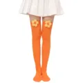 Detalle en primer plano de calcetines altos naranjas vibrantes con linda decoración floral. - Talla única / Calcetines naranjas con flores amarillas