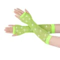 Neon green rhinestone mesh fingerless gloves detail, stretchy fishnet party wear. - One Size / Neon Yellow