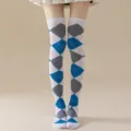 Women over knee long socks retro argyle pattern fashion cosplay party thigh high hosiery - White Blue Grid