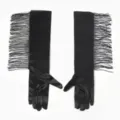 Black satin long fringe gloves for evening party, wedding, or dance performance styles. - One Size / Black