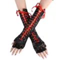 Black lace fingerless long gloves with red ribbon cross lacing gothic arm warmers. - One Size / Black Lace with Red Ribbon