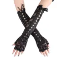 Sexy black lace fingerless gloves long ribbon lace-up dress party gothic arm warmers - One Size / Black Lace with Black Ribbon