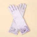 Kids purple satin princess gloves with elegant bow and rhinestone decoration for party performance. - One Size / Purple Bow Gloves