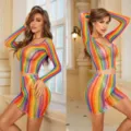 Conjunto de top corto y minifalda de malla arcoíris, vibrante atuendo de festival. - Talla única / Estilo 6