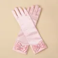 Pink satin long gloves for kids with bow and gem, ideal for princess party and stage performance. - One Size / Pink Bow Gloves
