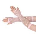 Guantes de red rosa con brillantes sin dedos, elegantes guantes de malla para mujeres. - Talla única / Rosa