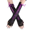 Gothic black lace up long fingerless gloves with purple ribbon for club party outfit - One Size / Black Lace with Purple Ribbon