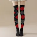 Medias altas de rombos estilo británico calcetines largos por encima de la rodilla fiesta - Cuadros Negros y Rojos