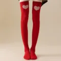 Red over-the-knee socks featuring pink heart patterns, soft and comfortable daily wear. - One Size / Red With Large Heart