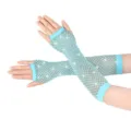 Women sparkle fishnet fingerless gloves mid-length rhinestone mesh gloves for party - One Size / Sky Blue