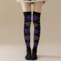 Women fashion argyle over-the-knee long socks, classic retro style cozy hosiery for daily wear. - Black Purple Grid