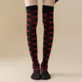 Black over-the-knee cotton socks featuring a vibrant red lips pattern for cute daily style. - One Size / Black Red Lip Print