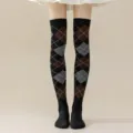 Women argyle over-the-knee long socks, black brown retro vintage knit thigh high stockings - Black Coffee Grid